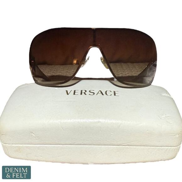Versace 2072-B 1052/13 Shield Sunglasses Brown Gold Greca Logo Italy 120mm - Picture 2 of 15